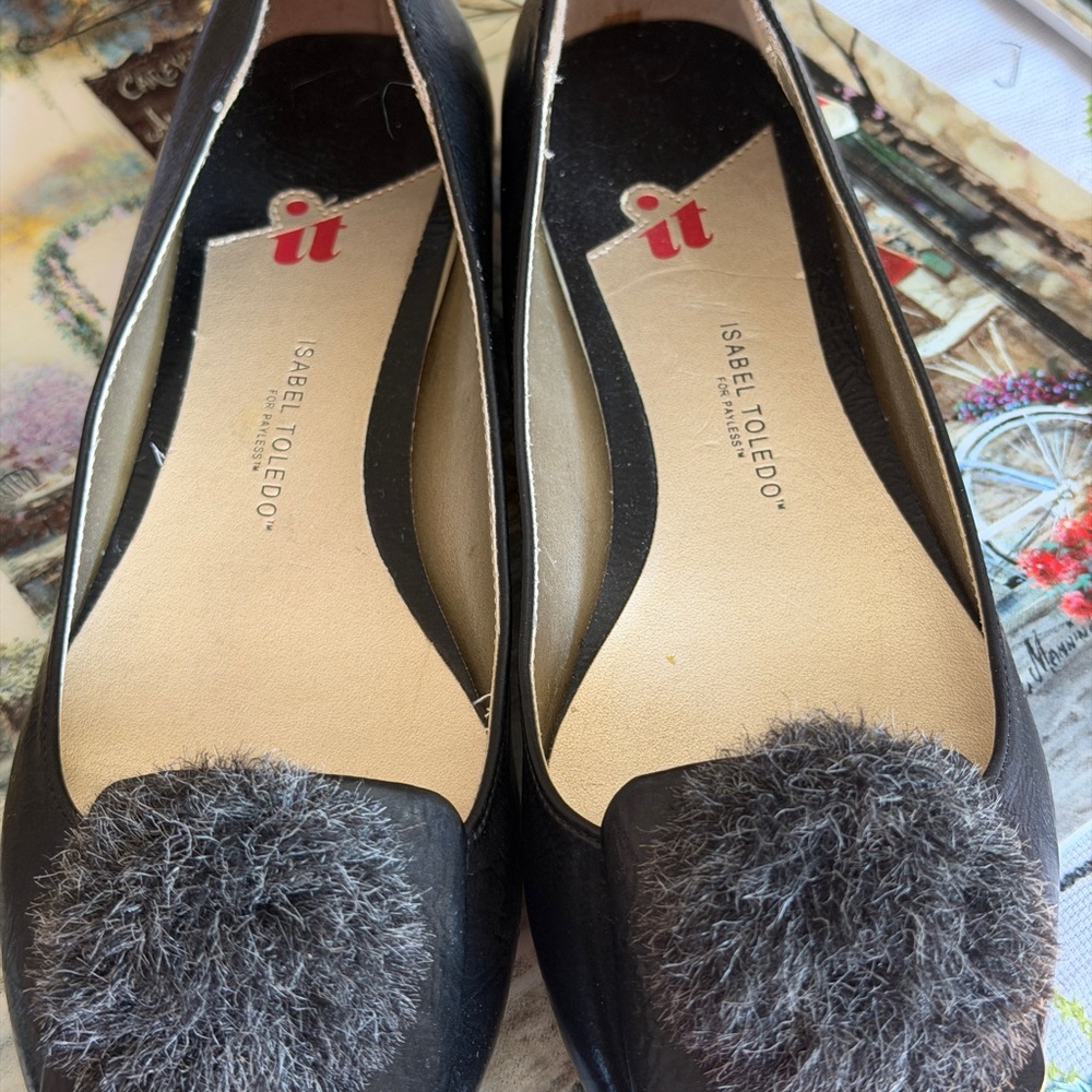 Clarks Black Ballet Flats with Gray Pom-Pom